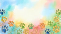 Watercolor paw prints in vibrant rainbow colors with botanical elements on soft pastel background, suitable for pet-related designs, greeting cards, and animal-themed projects.