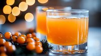 Fresh orange cocktail in glass with sea buckthorn berries and pine branch decoration against blurred bokeh lights background, festive winter drink.