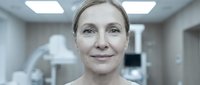 Middle-aged Caucasian female healthcare professional smiling confidently in modern medical facility with advanced equipment and sterile environment.