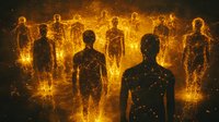 Glowing silhouettes of people standing in darkness with magical light particles and fire effects creating mysterious supernatural atmosphere.