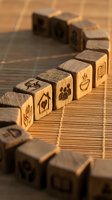 Wooden blocks with business icons arranged on bamboo mat surface representing corporate strategy planning and organizational development concepts.