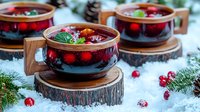 Hot mulled wine garnished with cranberries, orange slices and spices served in glass cups with wooden handles on rustic wood slices amid snowy winter decor.