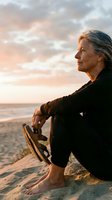 Mature man with gray hair and light skin tone, sitting barefoot on sandy beach at sunset holding shoes, wearing dark casual clothing, gazing toward ocean horizon during golden hour.