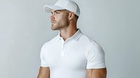 Athletic Caucasian male model wearing white polo shirt and baseball cap in profile view against light gray background, minimalist fashion portrait.