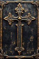 Ornate golden cross with intricate baroque details on aged black leather book cover, featuring decorative metallic frame and religious medieval design elements.