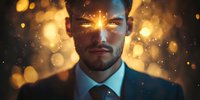 Young businessman in suit with glowing light effect on face against golden bokeh background, mystical spiritual enlightenment concept for meditation and mindfulness.