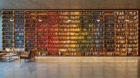 Massive library wall with colorful books organized by sections, wooden shelves reaching ceiling height, modern reading chair and polished floor.