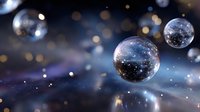 Magical floating glass spheres reflecting starry cosmos against dark space background with glowing bokeh lights and mystical atmosphere.