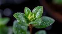 Fresh green plant sprout with water drops on leaves against dark background, macro nature photography showing new growth and morning dew in garden setting.