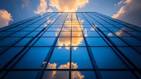 Modern glass building facade reflecting dramatic sunset sky with golden clouds, viewed from below looking upward. Architectural perspective creates dynamic lines.