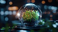 Magical glowing plants in glass sphere against dark bokeh background, creating mystical garden atmosphere with sparkles and reflections in crystal ball.