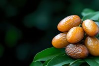 Fresh dates fruit pile on green leaf with natural blurred background for healthy organic food and nutrition concepts.