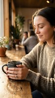 Young woman enjoying warm drink in cozy cafe with soft natural lighting and relaxed atmosphere for lifestyle and wellness content.