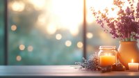 Cozy evening atmosphere with glowing candle, dried flowers in ceramic vase against blurred window background with bokeh lights at sunset.