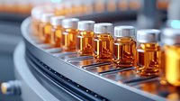 Pharmaceutical manufacturing line with amber glass vials filled with liquid medication moving on automated conveyor system in sterile production facility.