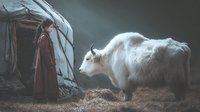 Young Asian woman in traditional red coat standing beside white mountain goat near yurt in misty atmospheric setting.