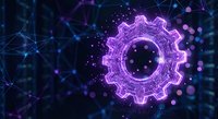 Digital gear mechanism glowing in purple neon light with network connections and particles on dark tech background for automation concepts.