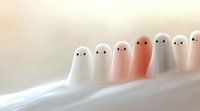 Cute minimalist ghost characters in pastel colors standing in row on misty surface, creating playful and whimsical mood for Halloween designs and decorations.