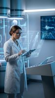 Female scientist in white lab coat using holographic interface technology in modern laboratory with digital displays and futuristic medical equipment.
