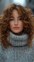 Young woman with natural curly ginger hair and freckles wearing cozy gray knit turtleneck sweater. Close up winter portrait showing fresh natural makeup and glowing skin.