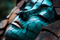 Cracked turquoise paint peeling on wooden surface creates abstract pattern with deep shadows and textural detail, revealing layers of weathered material beneath.