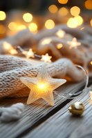 Glowing star-shaped fairy lights on cozy knitted scarf with warm bokeh background create magical holiday atmosphere on rustic wooden surface.