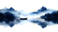 Tranquil mountain lake landscape with silhouette of lone boat floating on misty water, surrounded by pine forest and peaks reflected in mirror-like surface. Watercolor style.