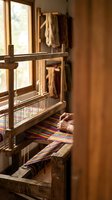 Traditional wooden handloom weaving colorful striped textile in rustic workshop with natural sunlight streaming through window creating warm atmosphere.