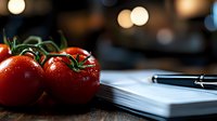 Fresh red tomatoes with water drops on vine next to notebook and pen against dark background with bokeh lights, food photography composition.