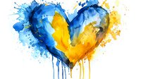 Watercolor heart in blue and yellow colors with paint splashes and drips, artistic abstract love symbol expressing support and unity, emotional artwork.