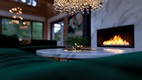 Luxurious living room interior with emerald velvet sofa, modern fireplace, and crystal chandelier creating cozy evening ambiance. Selective focus on coffee table.