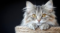 Gray and white longhair cat with bright yellow eyes resting on natural jute rope against dark background. Close up portrait shows fluffy fur and alert expression.