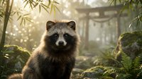 Adorable raccoon sitting in enchanted forest with golden sunlight filtering through bamboo leaves and ferns creating magical woodland atmosphere.