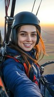 Young Caucasian woman paraglider pilot smiling while preparing for flight at sunset, wearing blue jacket and protective helmet, adventure sports lifestyle.
