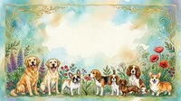 Adorable group of mixed breed dogs sitting together in decorative floral border frame with watercolor botanical elements for pet-themed designs.