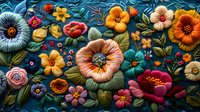 Vibrant floral composition with dimensional blooms in coral, yellow, blue and burgundy colors against dark background, featuring layered petals and organic shapes.