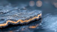 Glowing orange line on dark textured surface with bokeh effect creates abstract macro photography composition with selective focus and shallow depth of field.