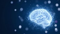 Digital brain made of glowing particles and neural networks floating in dark blue space with bokeh lights for AI and neuroscience concepts.