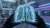 Hands holding glowing neon lungs hologram in futuristic laboratory environment for medical technology and healthcare innovation concepts.