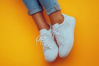 White classic sneakers and rolled up blue jeans on bright yellow background, minimalist fashion composition for social media and advertising content.