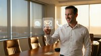 Man in white shirt interacting with digital communication icons in modern office with city view, representing business technology and virtual interaction solutions.