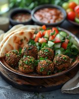 Middle Eastern meatballs served with fresh salad, pita bread and dipping sauces on rustic wooden plate. Traditional Mediterranean cuisine with herbs garnish.