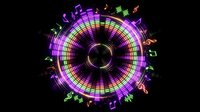 Glowing neon circular equalizer with colorful music notes on black background, vibrant sound wave visualizer for music and entertainment design.
