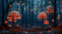 Magical glowing mushrooms in dark mystical forest with fairy lights creating enchanted atmosphere in foggy woodland at night.