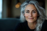 Confident mature woman with silver gray hair smiling warmly at camera. Natural beauty portrait showing genuine happiness and self-acceptance in soft lighting.