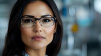 Young Asian businesswoman wearing glasses looking confidently at camera against blurred office background, professional corporate headshot portrait.