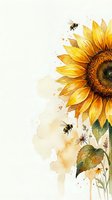 Watercolor sunflower with bees and wildflowers on white background, soft golden tones, great for cards, prints, and wall art.