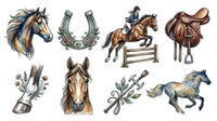 Equestrian horse head, horseshoe, rider jumping over fence, western saddle, hooves, horse portrait, floral botanical element, and galloping horse isolated on white background for design use.
