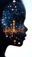 Double exposure silhouette of face blending with illuminated city skyline at night, glowing network connections and bokeh lights creating dreamy atmosphere.