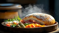 Steaming hot grilled salmon fillet served on rustic wooden plate with fresh vegetable salad, olives and herbs in dark moody restaurant setting.
